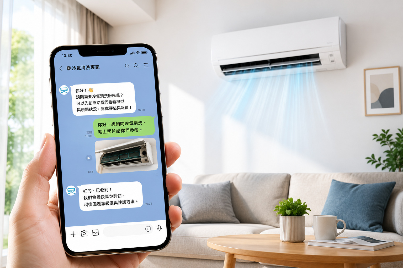 手機 LINE 傳送冷氣照片詢問,背景為乾淨居家空間